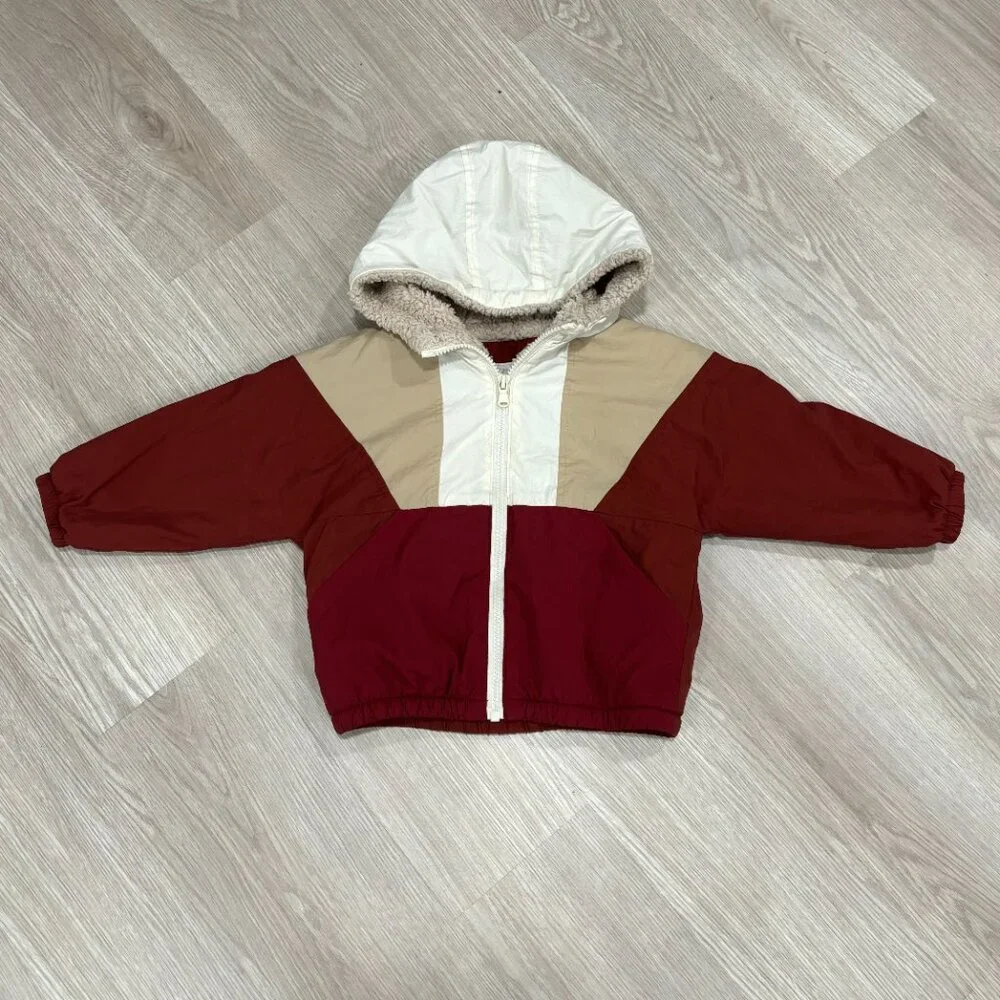 Zara Colorblock Hooded Jacket in White, Beige, Burgundy & Red
